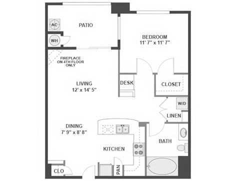 Floor plan for 1 bed, 1 bath, 729 sqft